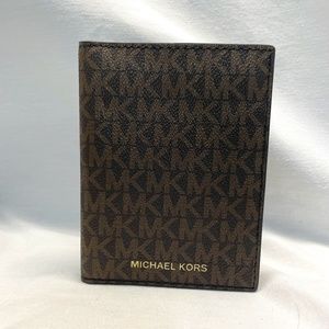 Michael Kors, brown leather, monogram, passport holder